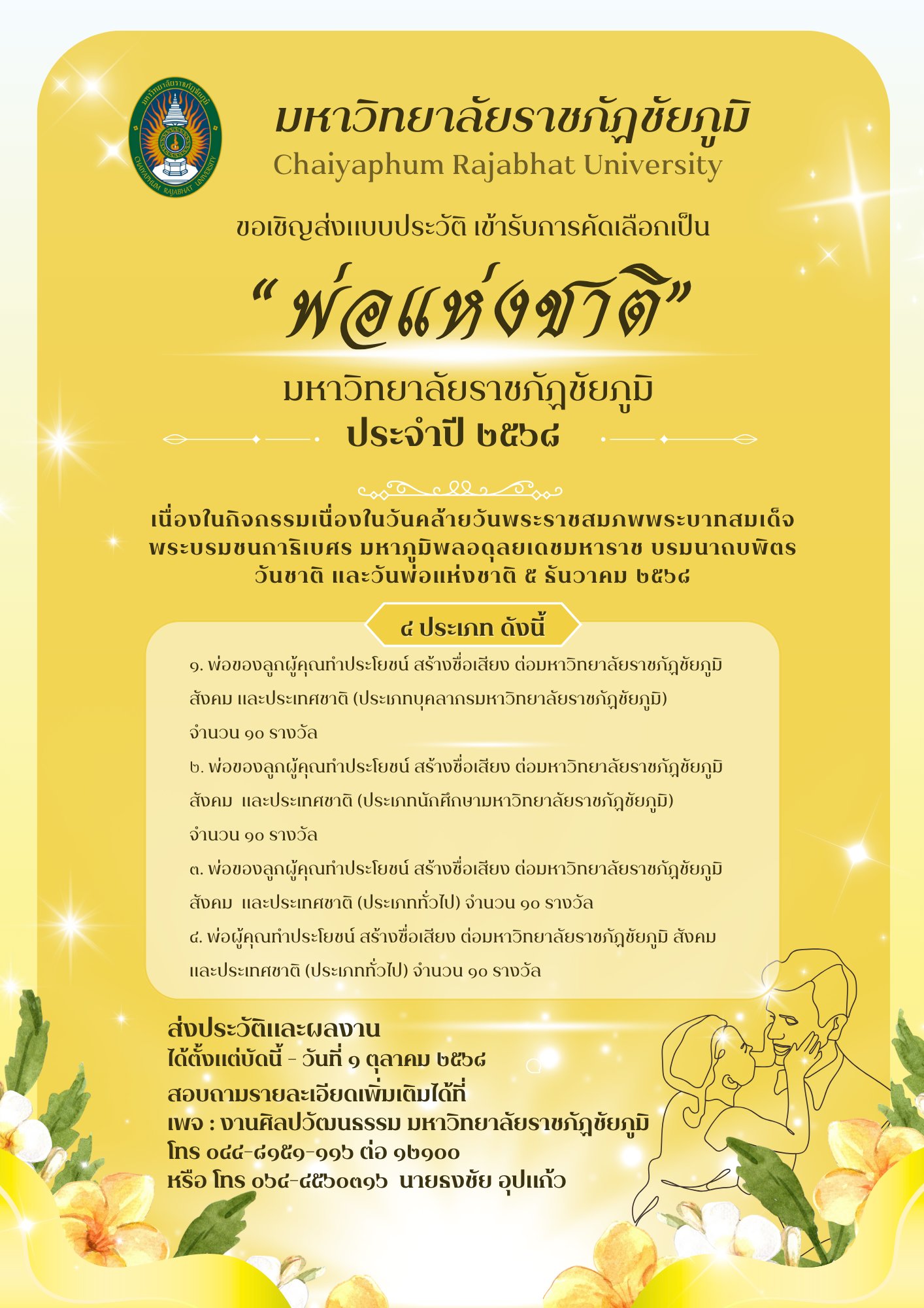 ขอเชิญส่งแบบประวัติเข้ารับการคัดเลือกเป็น พ่อแห่งชาติ มหาวิทยาลัยราชภัฏชัยภูมิ ประจำปี ๒๕๖๘